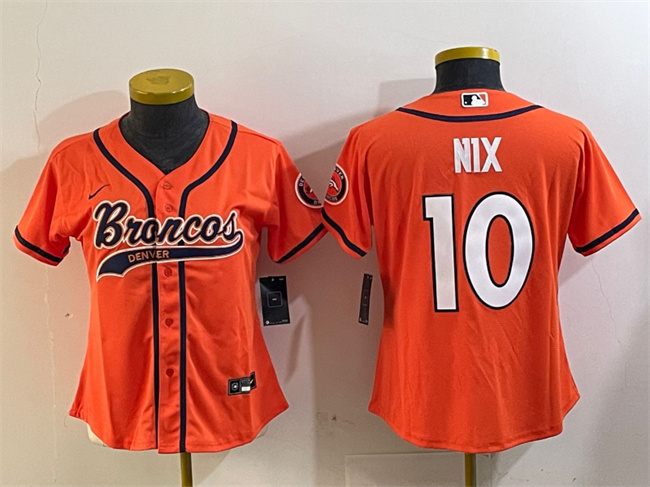 Women's Denver Broncos #10 Bo Nix Orange With Patch Cool Base Stitched Baseball Jersey(Run Small)